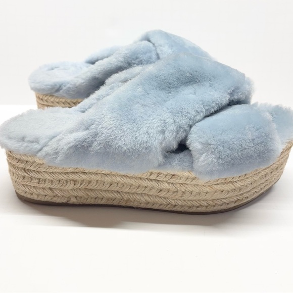 Miu Miu Light Blue Shearling Cross Strap Espadrille Platform Slides - Picture 3 of 10